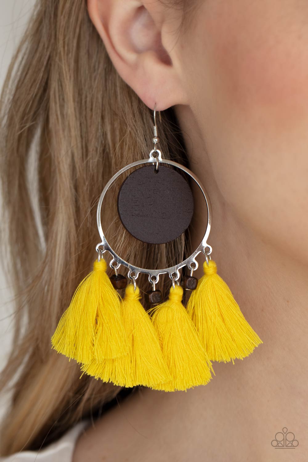 Yacht Bait - Yellow Thread Tassels & Brown Wooden Disc Paparazzi Earrings