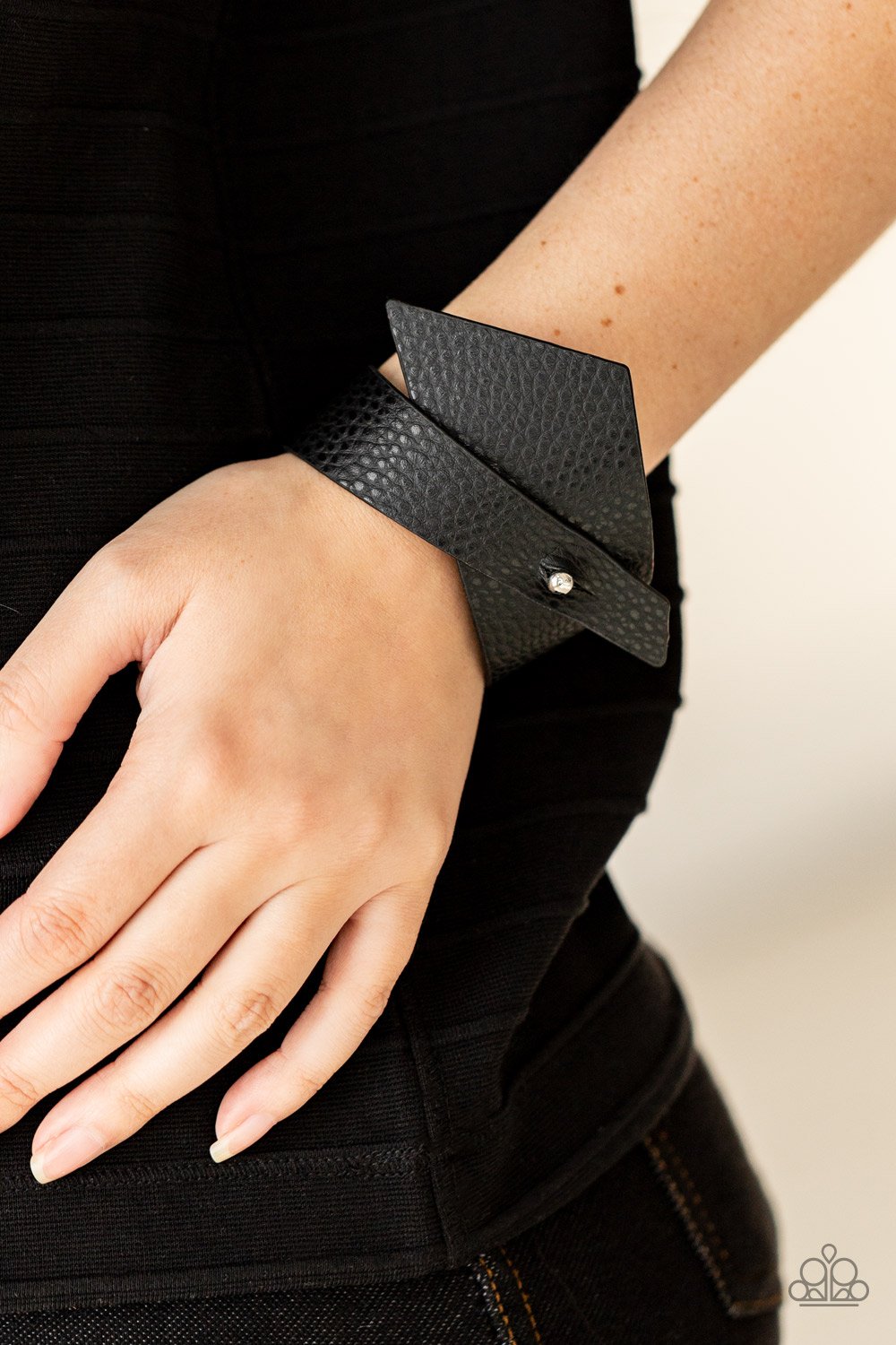 PIECE Offering - Black Triangular Leather Paparazzi Wrap Bracelet