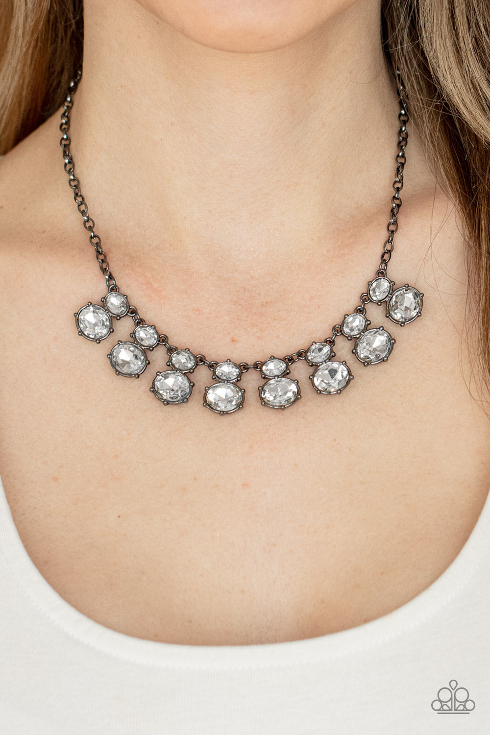 Cosmic Countess - Gunmetal & White Rhinestone Paparazzi Necklace & matching earrings