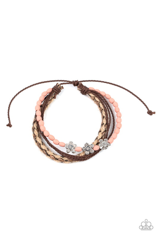 Raffia Remix - Pink Wooden Beads & Silver Etched Flower Paparazzi Urban Bracelet