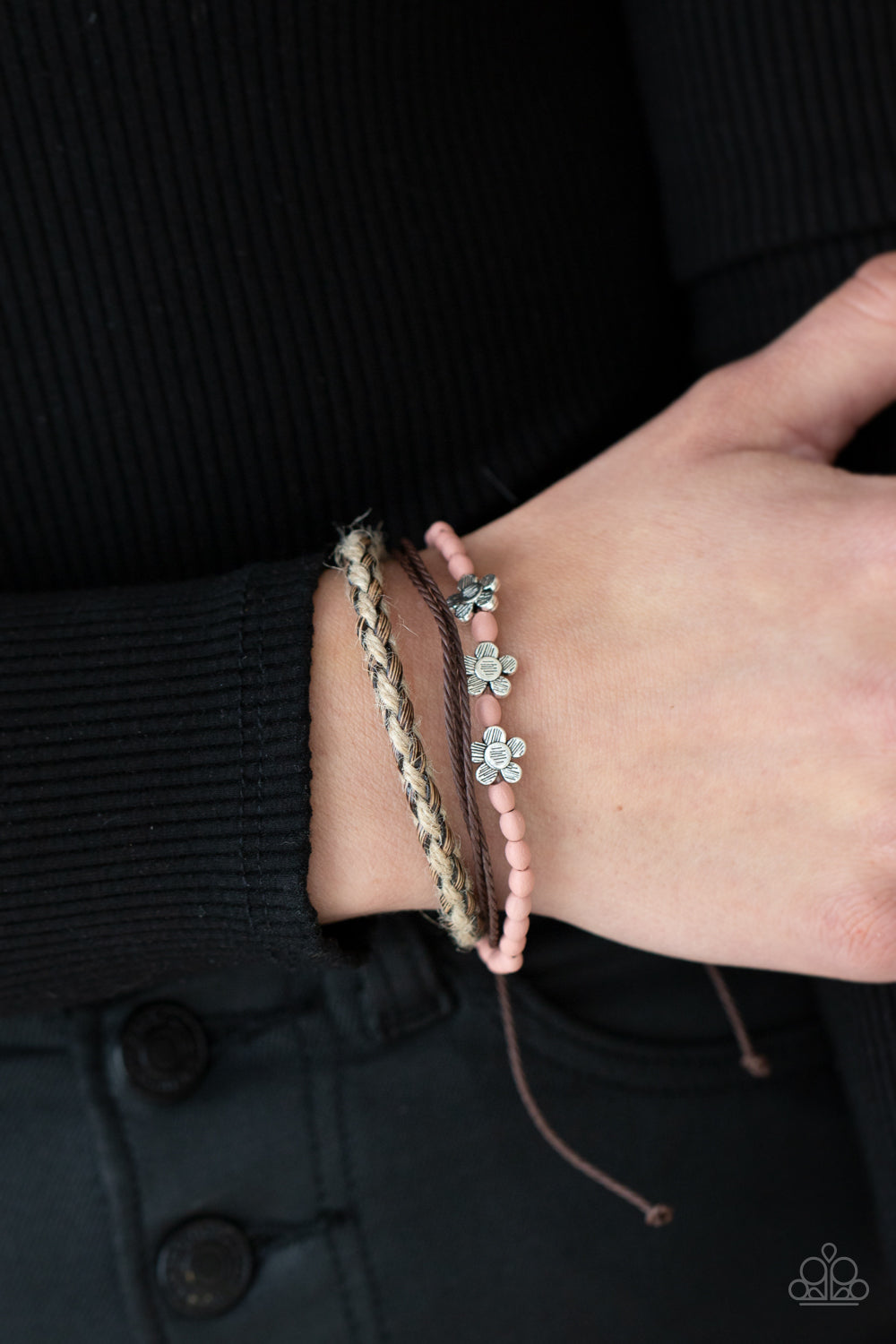 Raffia Remix - Pink Wooden Beads & Silver Etched Flower Paparazzi Urban Bracelet