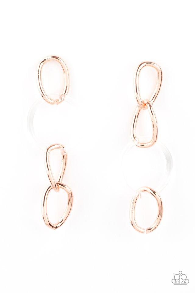 Talk In Circles - Copper & Clear Acrylic Oversized Linked Rings Paparazzi Earrings