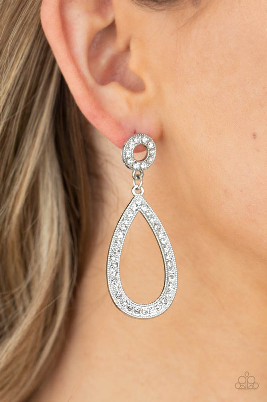 Regal Revival - White Rhinestone Encrusted Oversized Teardrop Frame Paparazzi Earrings