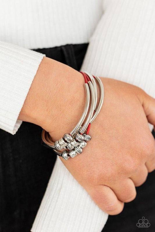 We Aim To Please - Red Cord/Silver Sliding Bar Adjustable Bracelet