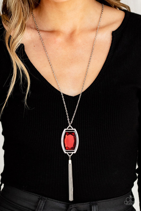 Timeless Talisman - Red Oversized Gem & Silver Chain Tassel Pendant Paparazzi Necklace & matching earrings
