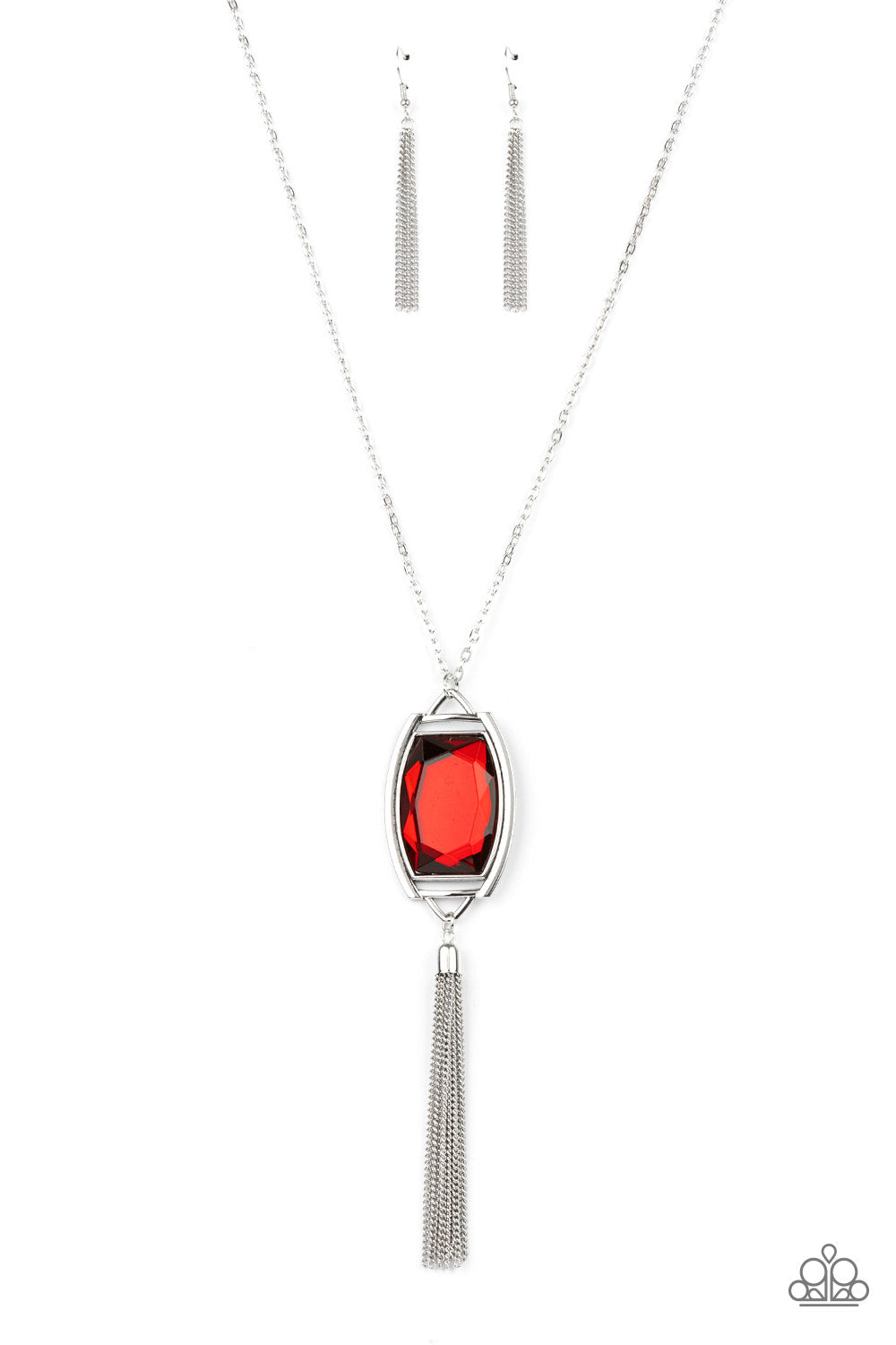 Timeless Talisman - Red Oversized Gem & Silver Chain Tassel Pendant Paparazzi Necklace & matching earrings