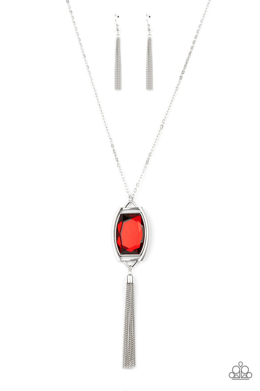 Timeless Talisman - Red Oversized Gem & Silver Chain Tassel Pendant Paparazzi Necklace & matching earrings