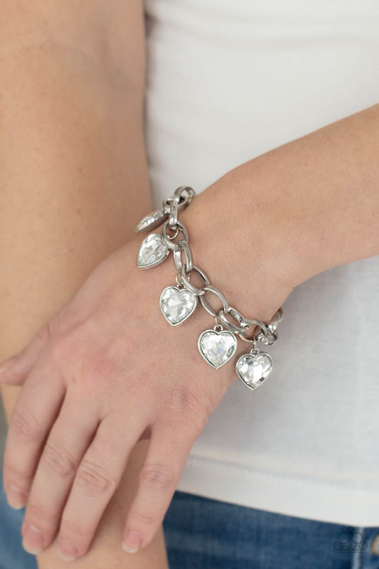 Candy Heart Charmer - White Heart Shaped Gem & Oversized Silver Chain Paparazzi Adjustable Bracelet