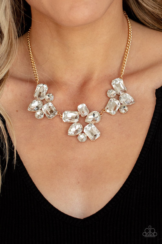 Galactic Goddess - Gold & White Oversized Rhinestone Paparazzi Necklace & matching earrings