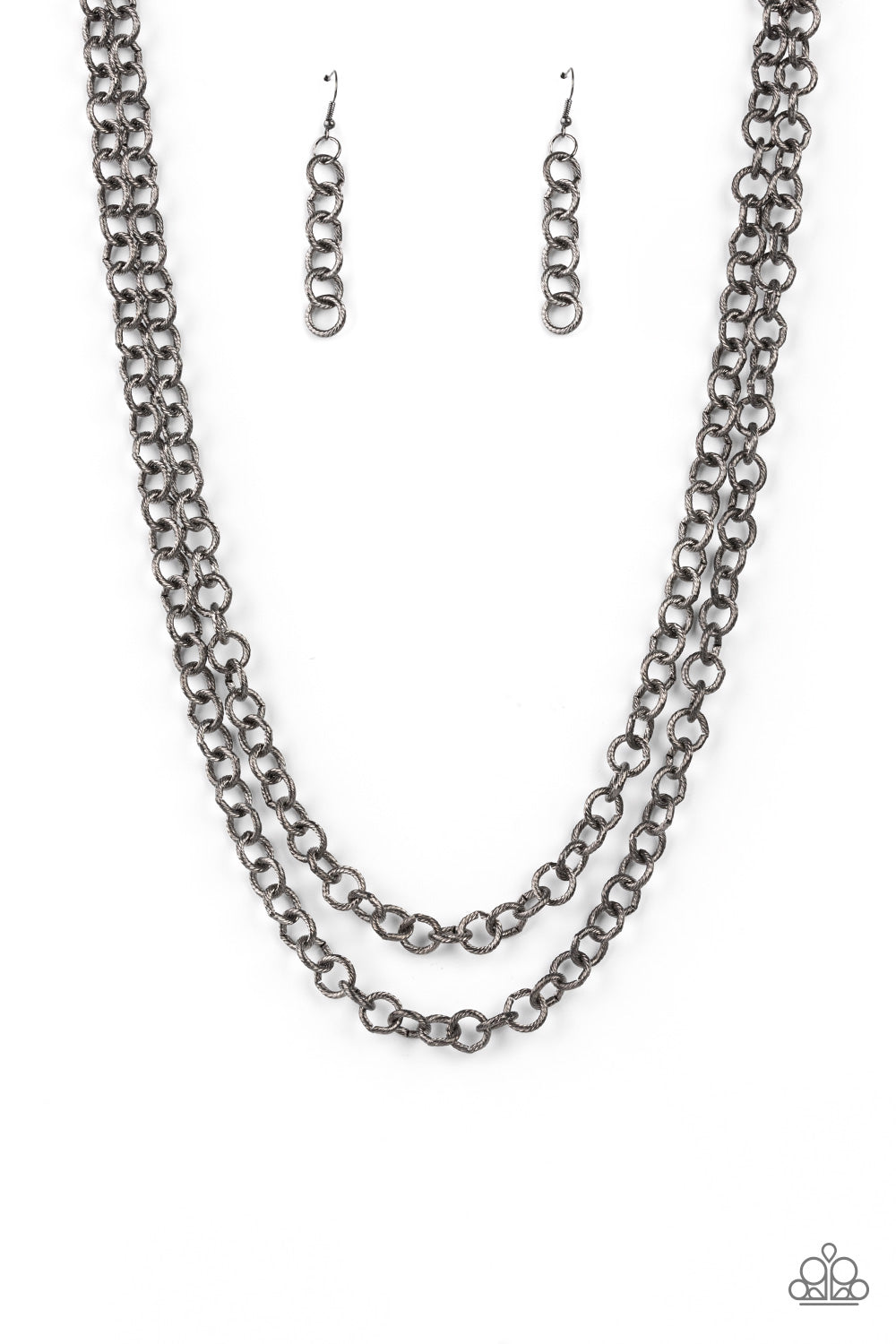 Grunge Goals - Gunmetal Textured Link Double Chain Paparazzi Necklace & matching earrings