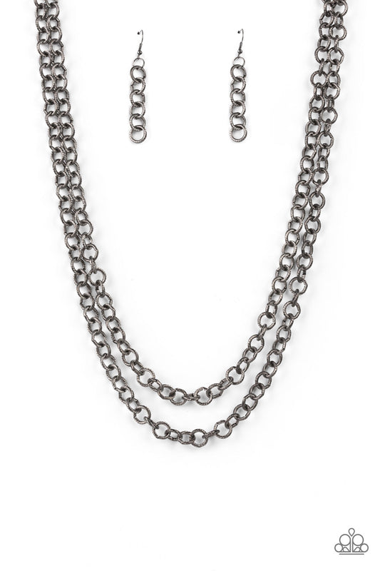 Grunge Goals - Gunmetal Textured Link Double Chain Paparazzi Necklace & matching earrings
