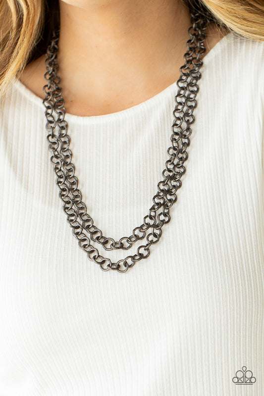 Grunge Goals - Gunmetal Textured Link Double Chain Paparazzi Necklace & matching earrings