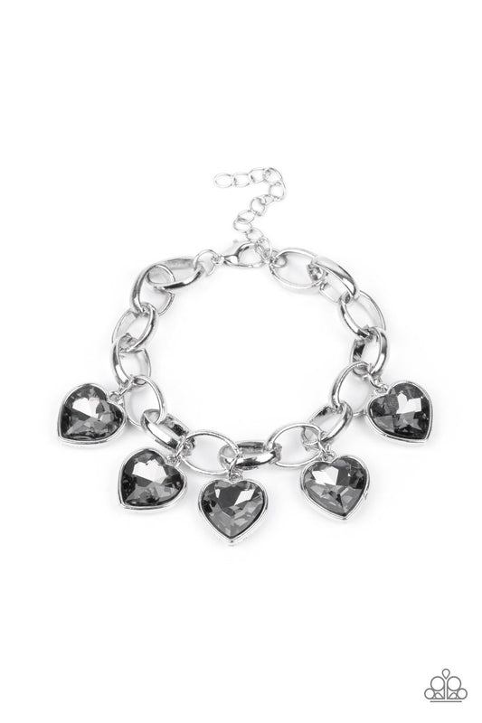 Candy Heart Charmer - Silver Smoky Heart Gem Paparazzi Adjustable Bracelet
