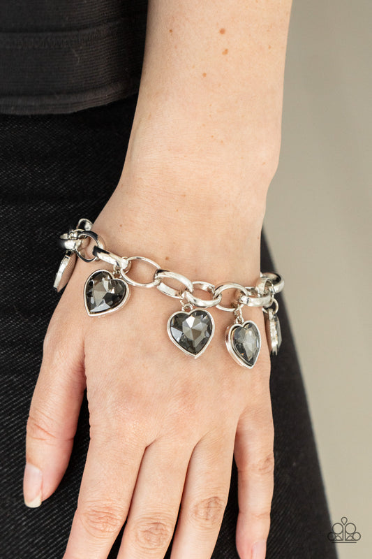 Candy Heart Charmer - Silver Smoky Heart Gem Paparazzi Adjustable Bracelet