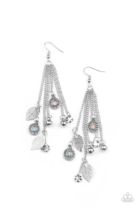 A Natural Charmer - Multi Pink & Cerulean Rhinestones & Airy Silver Leaves Paparazzi Tassel Earrings