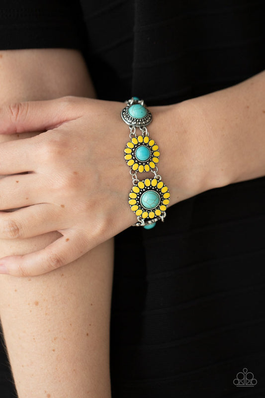 Bodaciously Badlands - Yellow Petal Frames & Turquoise Stone Center Paparazzi Adjustable Bracelet