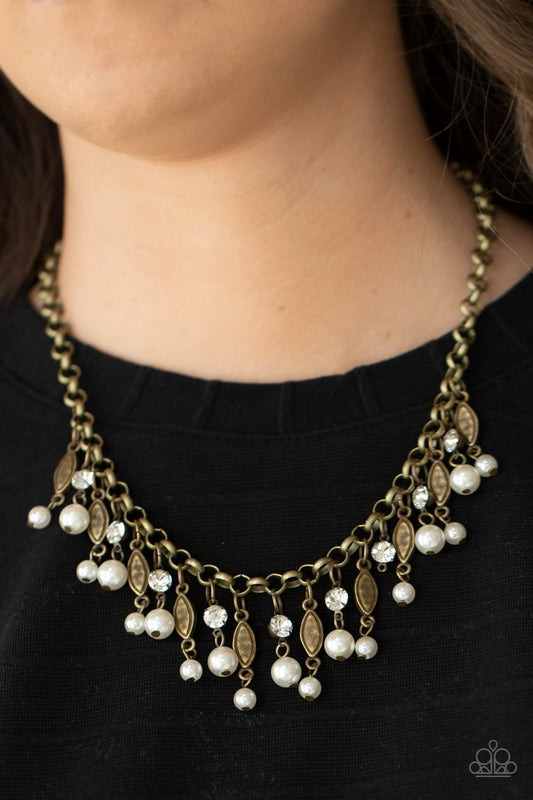 Cosmopolitan Couture - Brass Studded Frames, White Pearls & Rhinestone Paparazzi Necklace & matching earrings