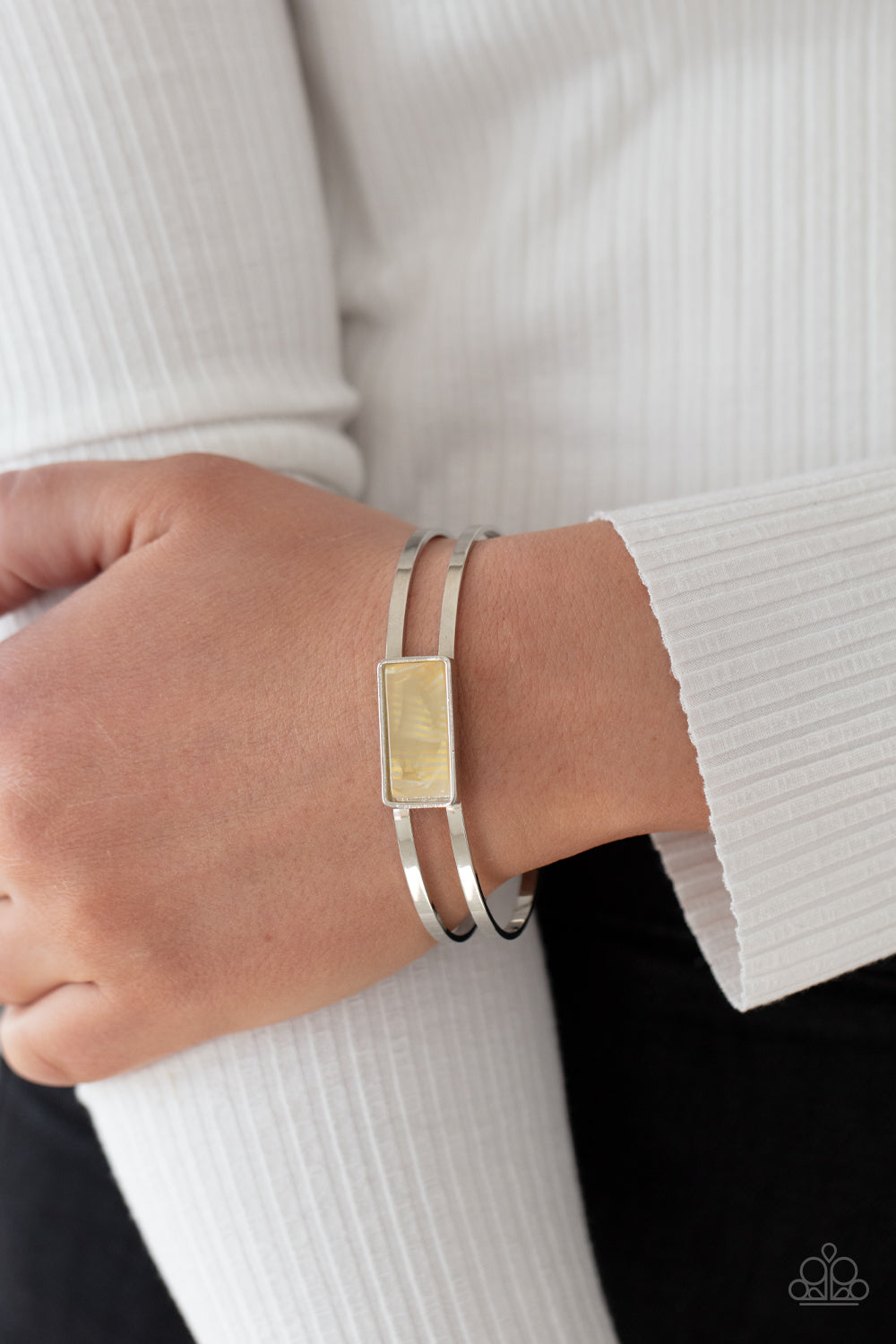 Remarkably Cute and Resolute - Yellow Shell-Like Accent & Silver Double-Bar Paparazzi Cuff