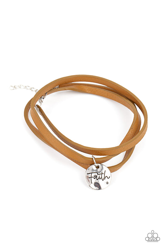 Wonderfully Worded - Brown Leather & Hammered Silver "Faith" Disc Paparazzi Adjustable Bracelet