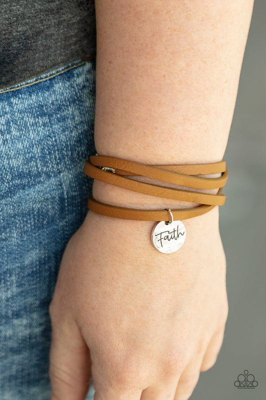 Wonderfully Worded - Brown Leather & Hammered Silver "Faith" Disc Paparazzi Adjustable Bracelet