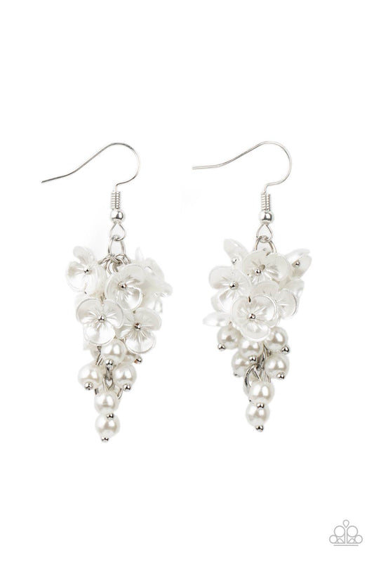 Bountiful Bouquets - White Pearl Floral Frame Paparazzi Chandelier Earrings