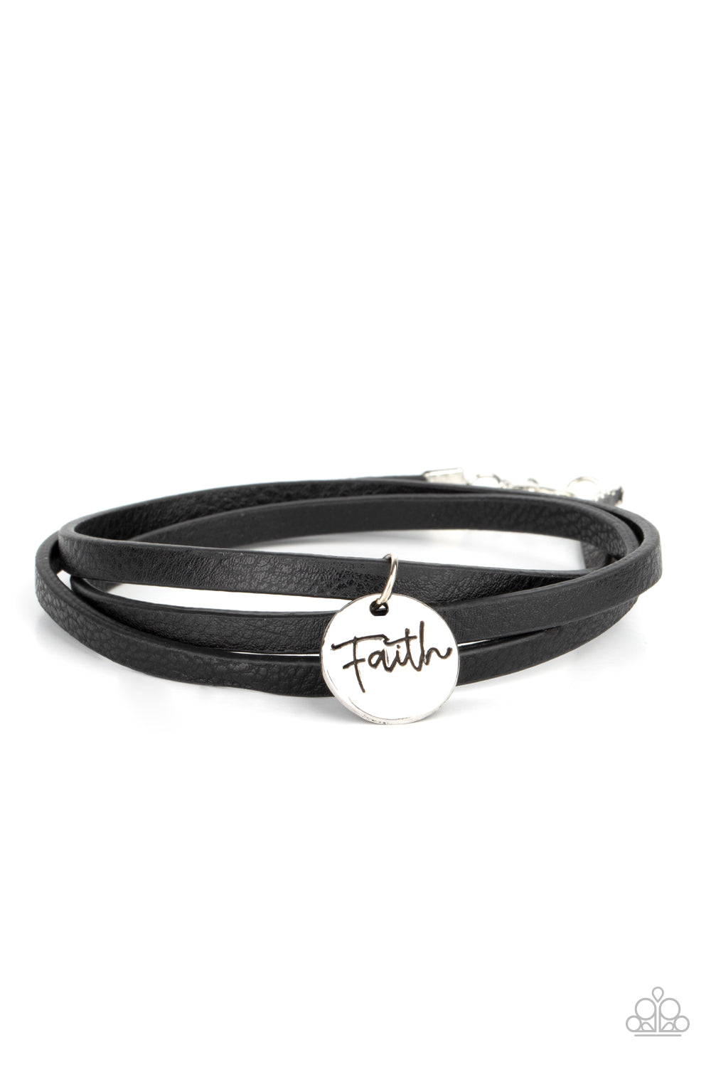 Wonderfully Worded - Black Leather Cord & "Faith" Stamped Silver Disc Paparazzi Adjustable Bracelet