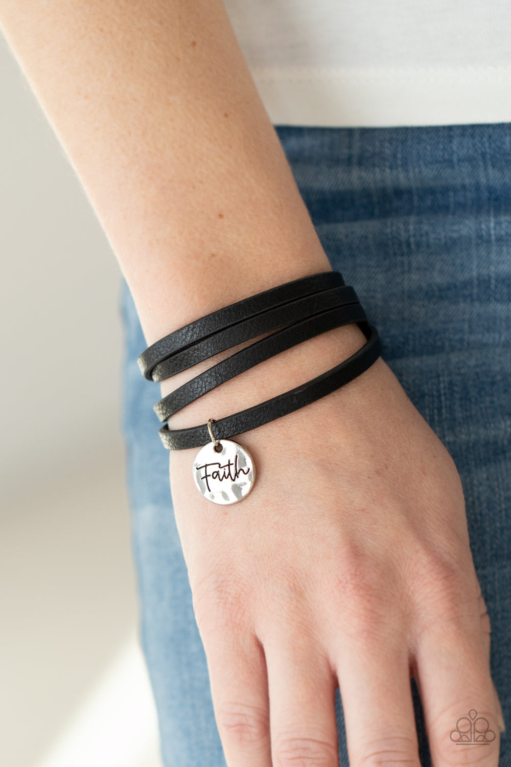 Wonderfully Worded - Black Leather Cord & "Faith" Stamped Silver Disc Paparazzi Adjustable Bracelet