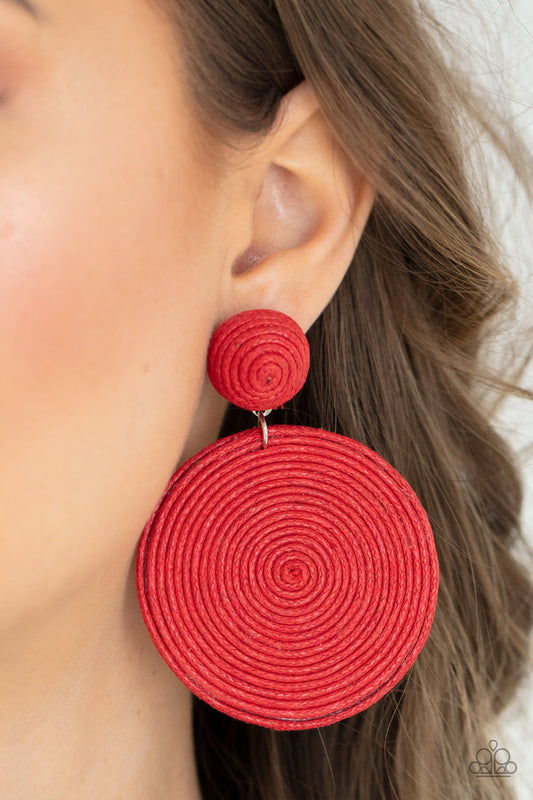 Circulate The Room - Red Threaded Disc Paparazzi Post Earrings