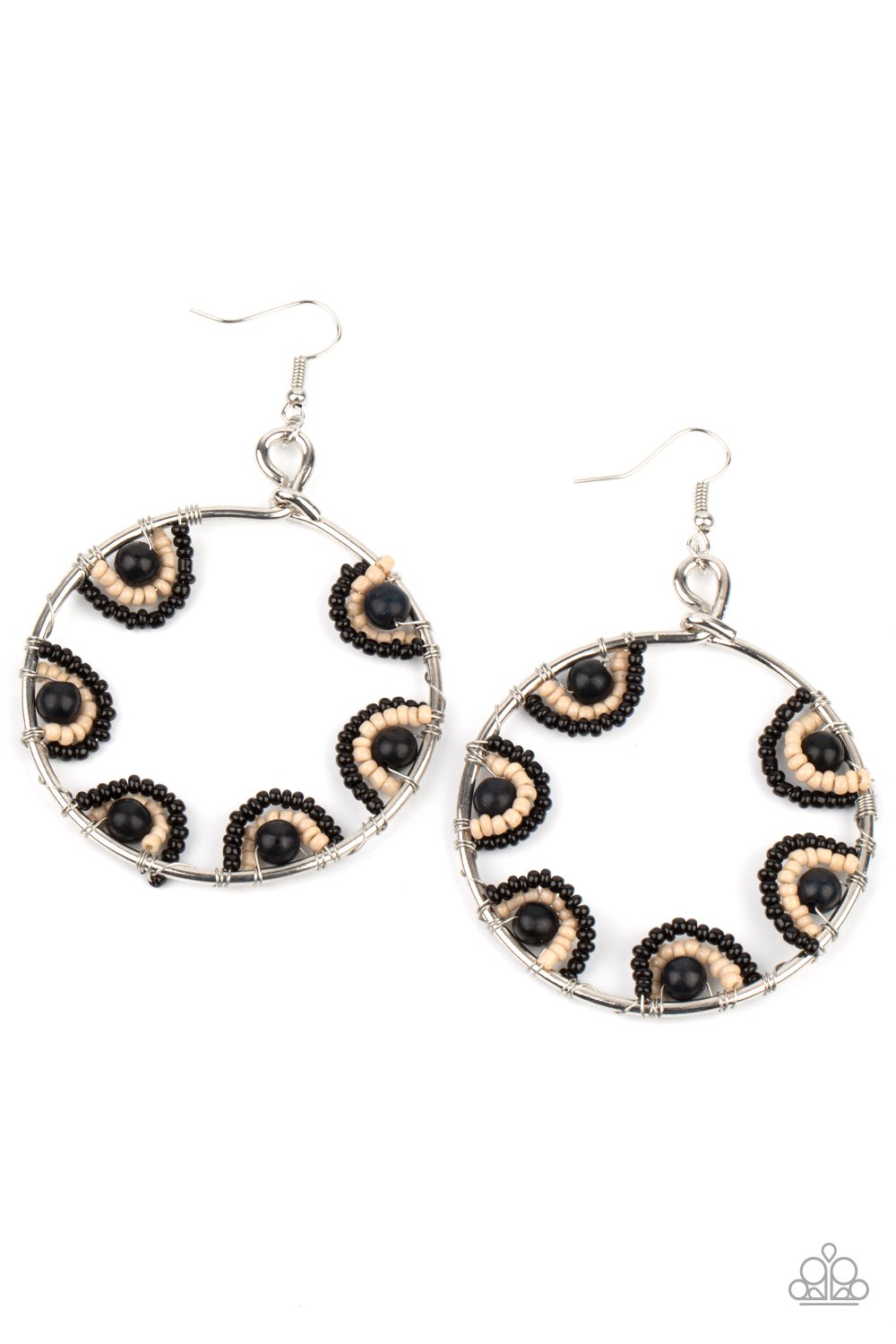 Off The Rim - Black & Iced Coffee Seed Beads/Black Stone Paparazzi Loop Earrings
