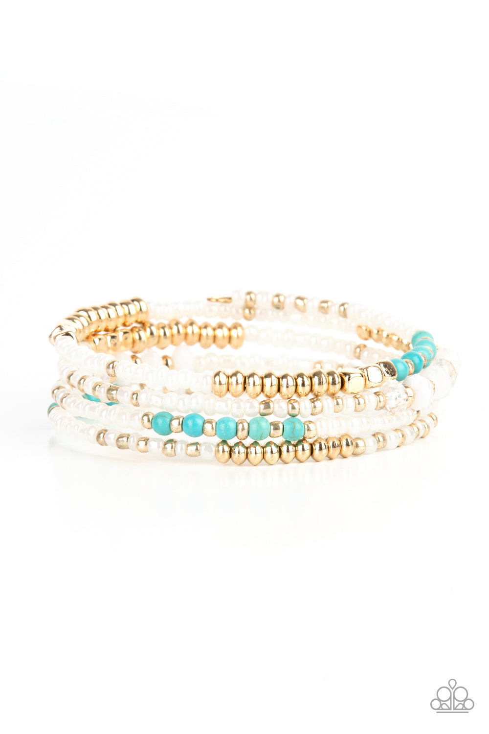 Infinitely Dreamy - Gold & Turquoise Crystal-Like Beads & White Seed Bead Paparazzi Coil Bracelet