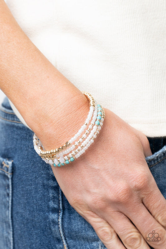 Infinitely Dreamy - Gold & Turquoise Crystal-Like Beads & White Seed Bead Paparazzi Coil Bracelet