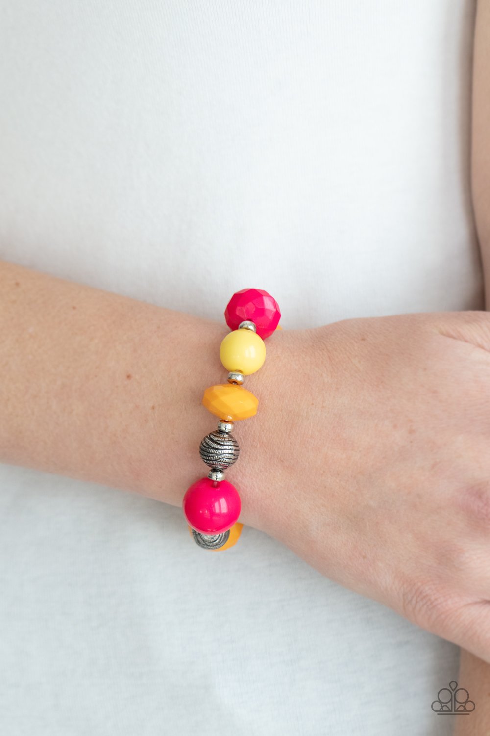 Day Trip Discovery - Multi Raspberry Sorbet, Marigold, & Primrose Beaded Paparazzi Stretch Bracelet