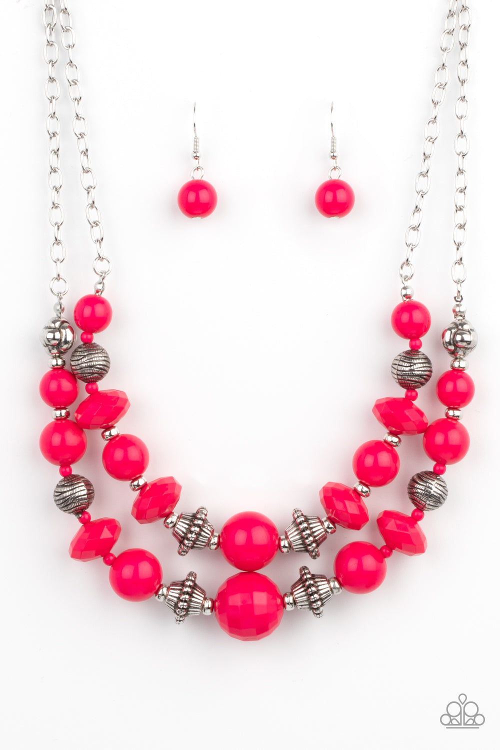 Upscale Chic - Pink & Silver Beaded Double Strand Paparazzi Necklace & matching earrings