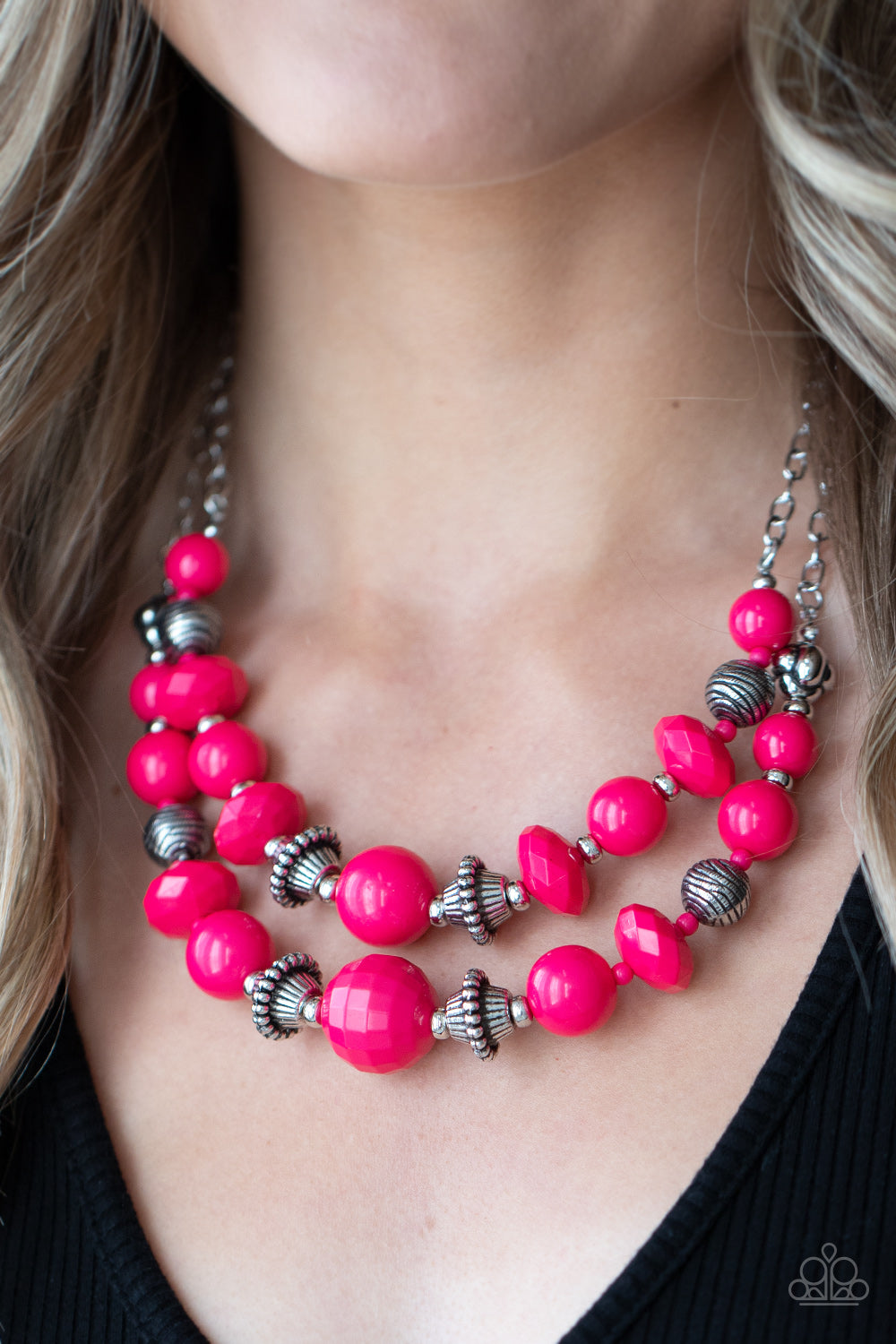 Upscale Chic - Pink & Silver Beaded Double Strand Paparazzi Necklace & matching earrings