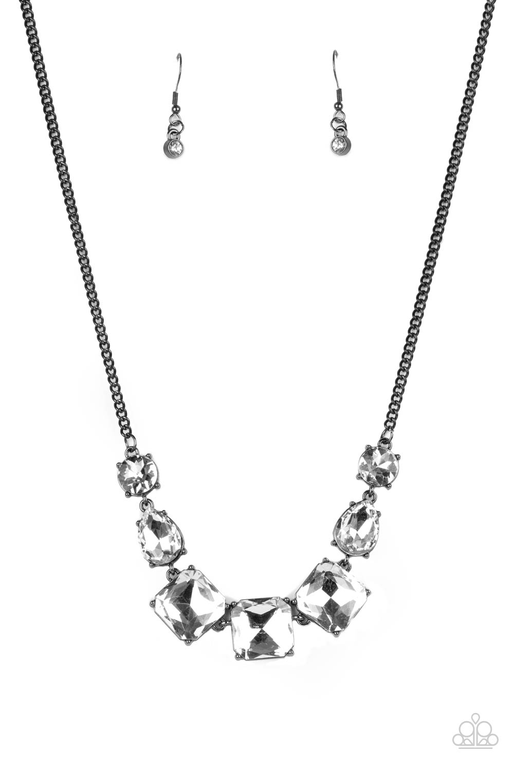 Unfiltered Confidence - Gunmetal Fittings & White Square Cut Gem Paparazzi Necklace & matching earrings