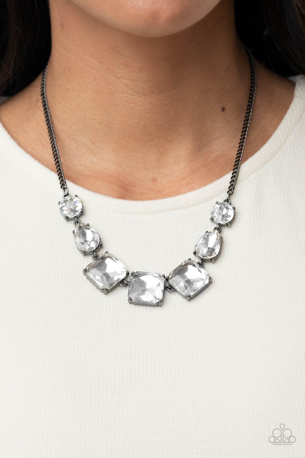 Unfiltered Confidence - Gunmetal Fittings & White Square Cut Gem Paparazzi Necklace & matching earrings