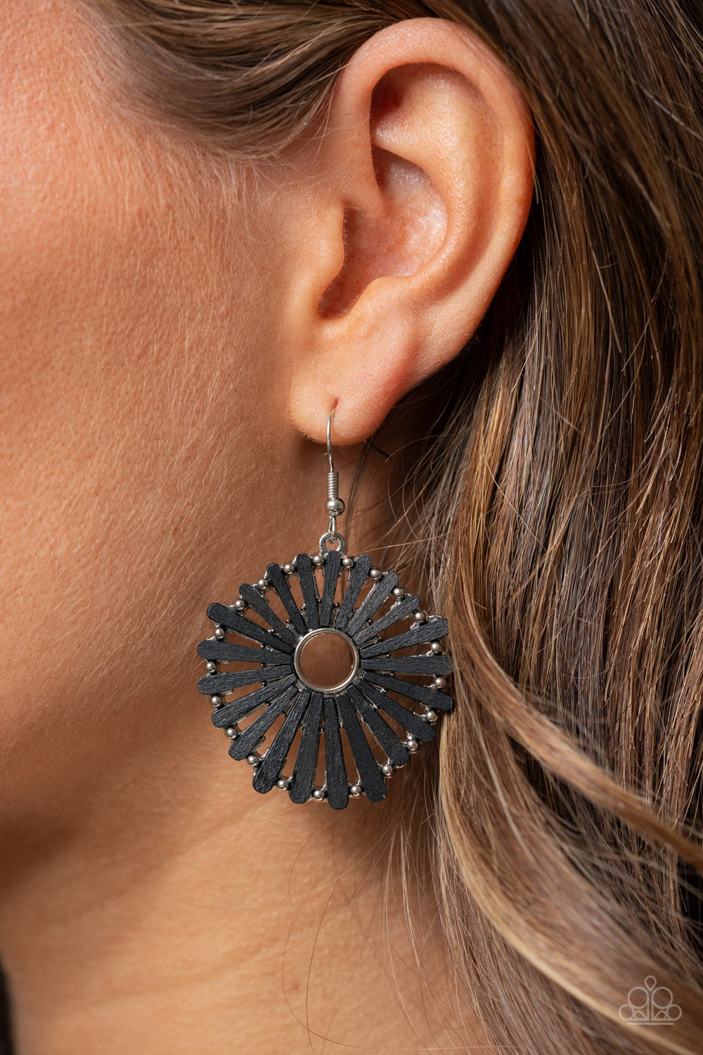 SPOKE Too Soon - Black Petal-Like Wooden Frame Paparazzi Earrings