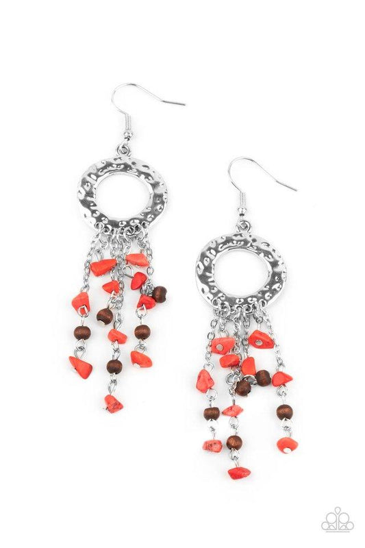 Primal Prestige - Red Pebbles & Wooden Beaded Tapered Tassel Paparazzi Earrings