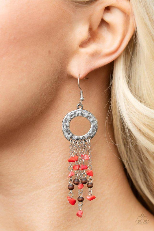 Primal Prestige - Red Pebbles & Wooden Beaded Tapered Tassel Paparazzi Earrings