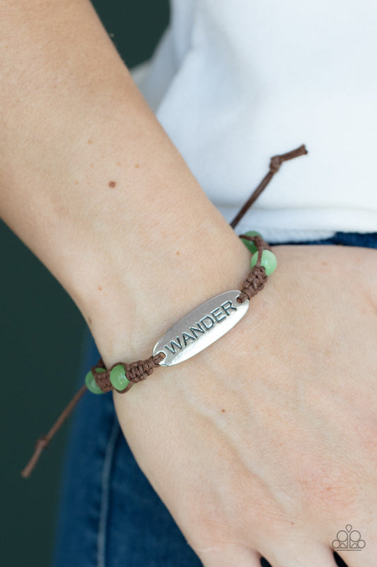 Roaming For Days - Green Cat's Eye Stones & Silver "Wander" Stamped Plate Paparazzi Urban Bracelet