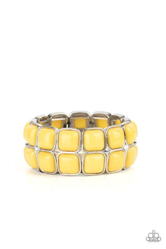 Double The DIVA-ttitude - Yellow Stacked Square Beaded Paparazzi Stretch Bracelet