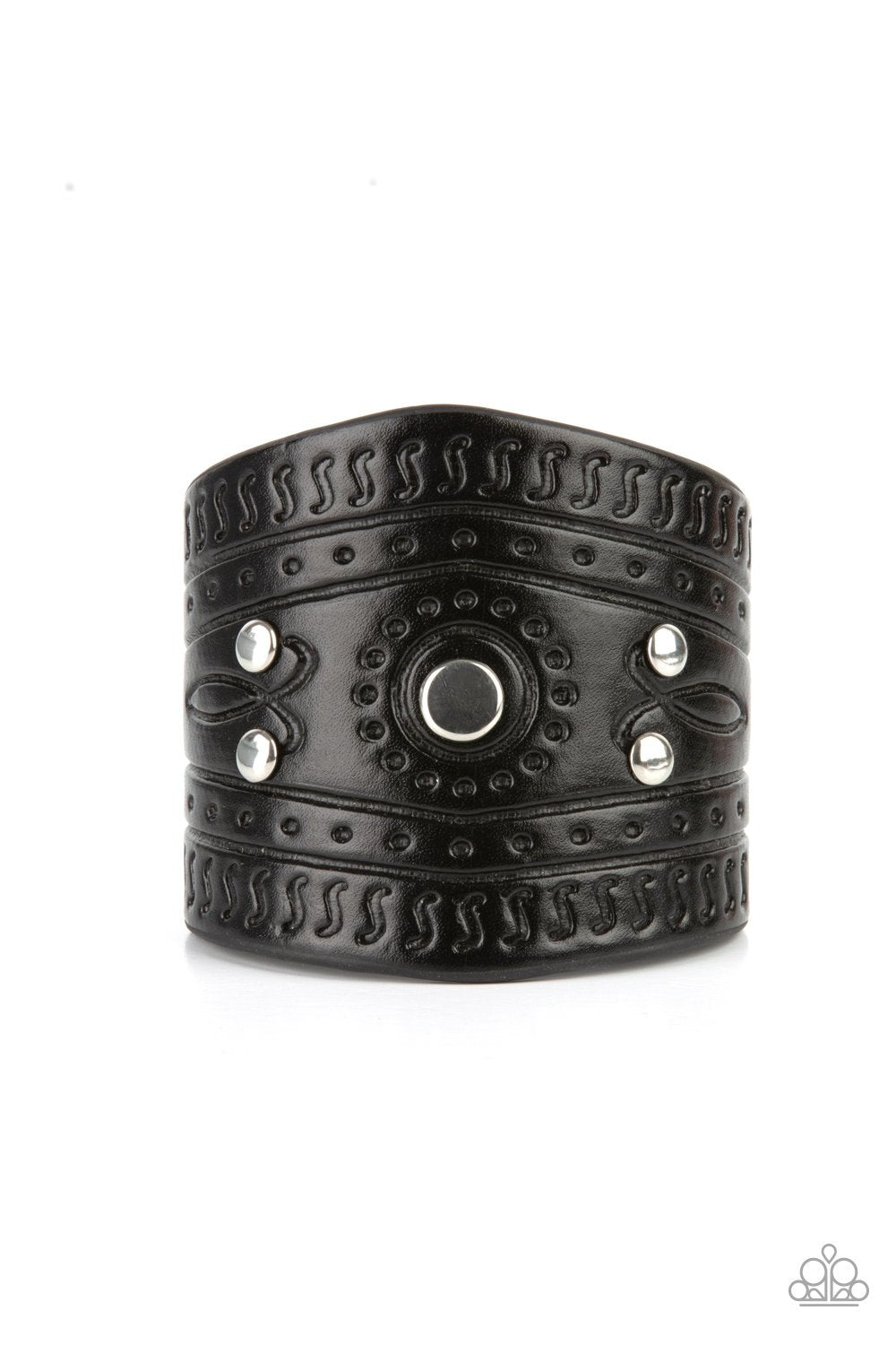 Orange County - Black Indigenous Stamped Pattern & Silver Studded Paparazzi Snap Bracelet
