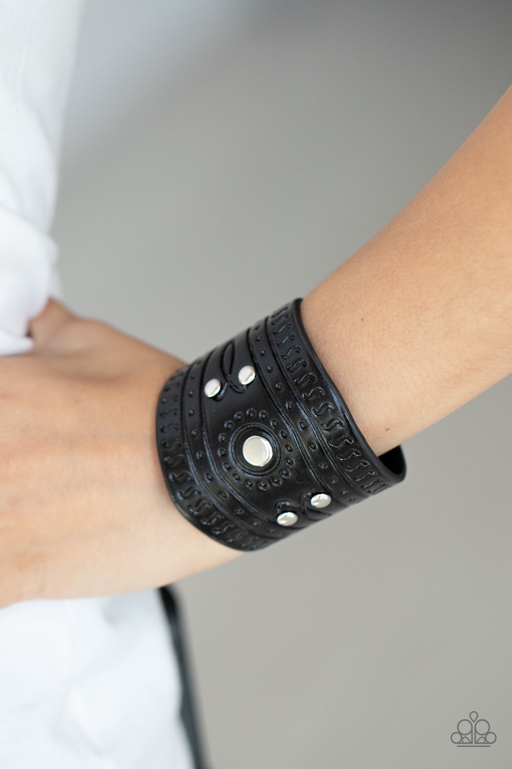 Orange County - Black Indigenous Stamped Pattern & Silver Studded Paparazzi Snap Bracelet