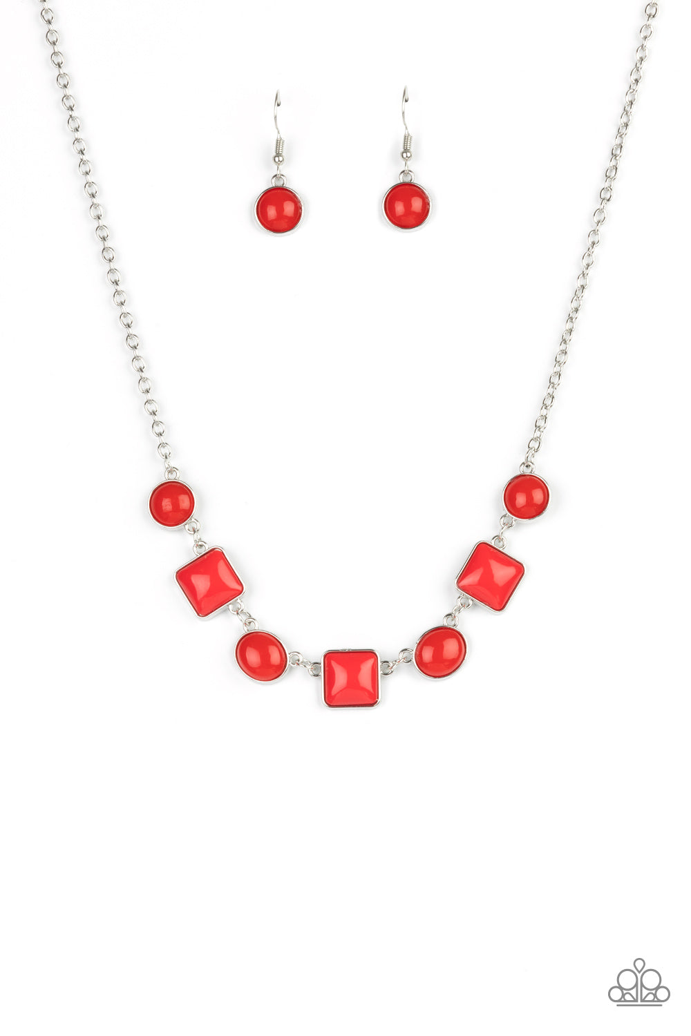Trend Worthy - Red Square & Round Beaded Paparazzi Necklace & matching earrings