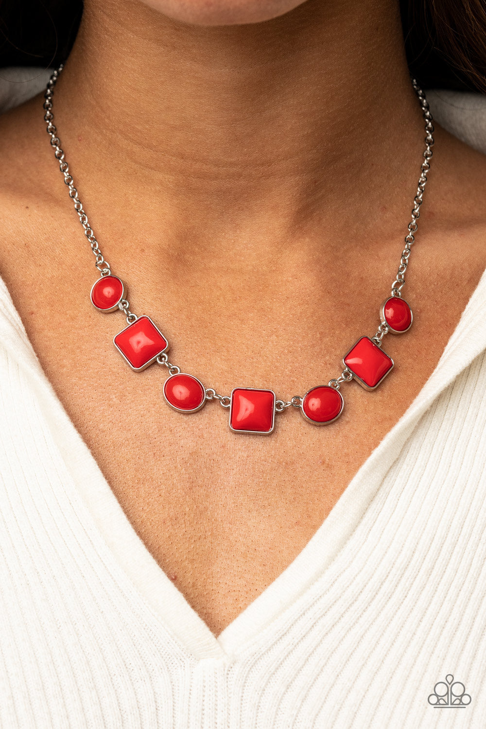Trend Worthy - Red Square & Round Beaded Paparazzi Necklace & matching earrings