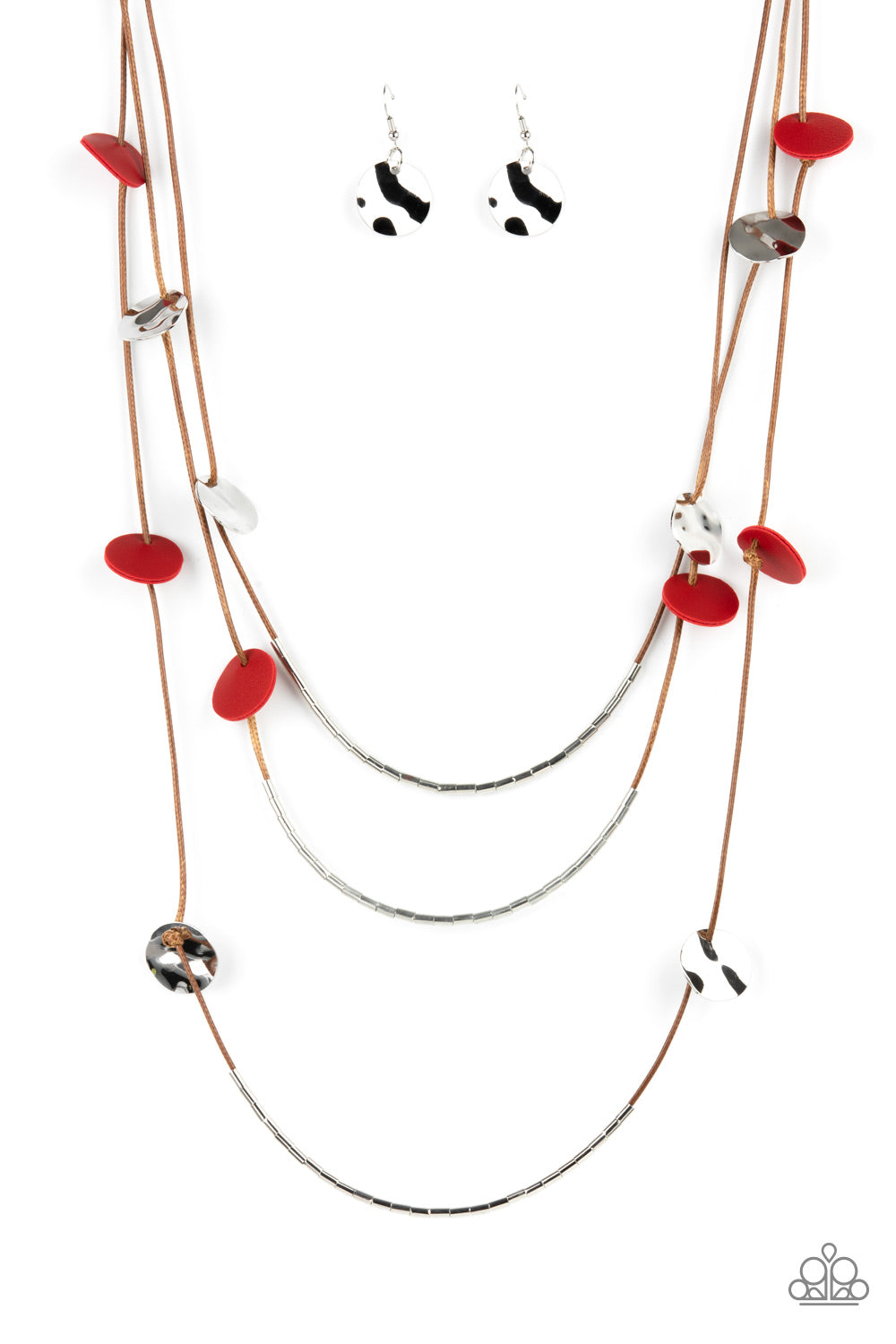 Alluring Luxe - Red Leather & Silver Disc Paparazzi Necklace & matching earrings
