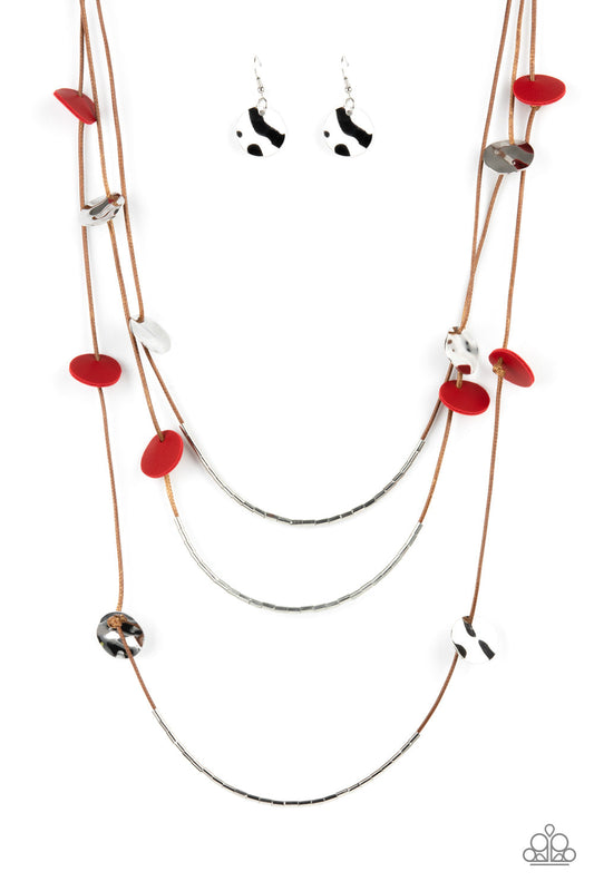 Alluring Luxe - Red Leather & Silver Disc Paparazzi Necklace & matching earrings