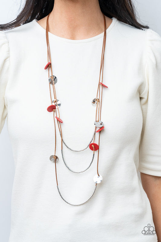 Alluring Luxe - Red Leather & Silver Disc Paparazzi Necklace & matching earrings