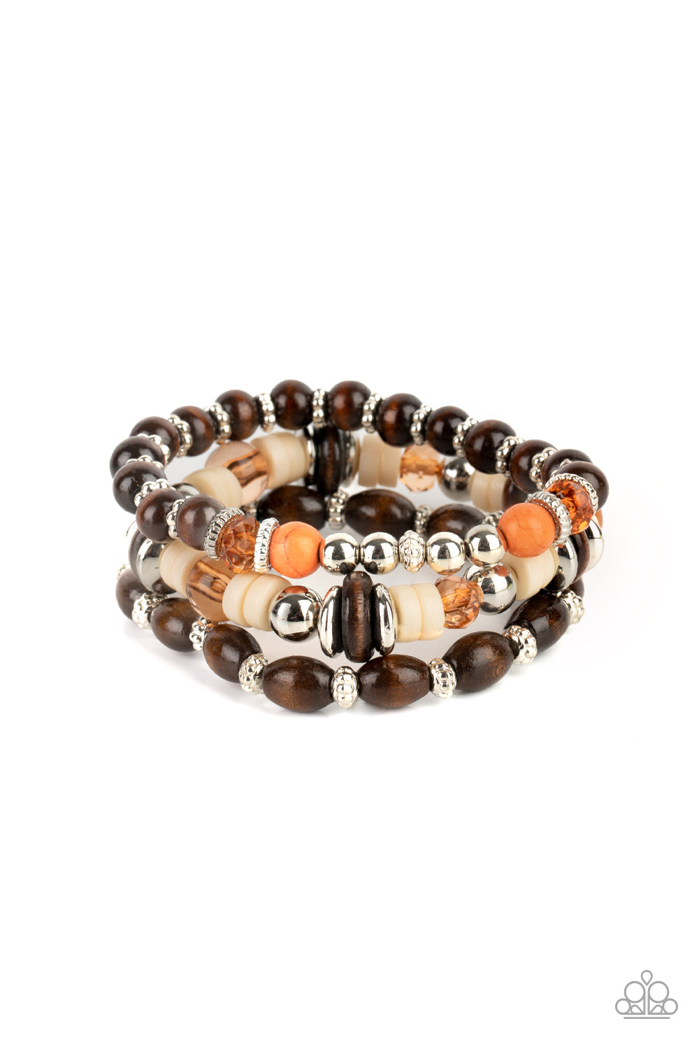Belongs In The Wild - Multi Brown Wooden Beads, Silver Accents, Orange Stones Paparazzi Stretch Bracelets