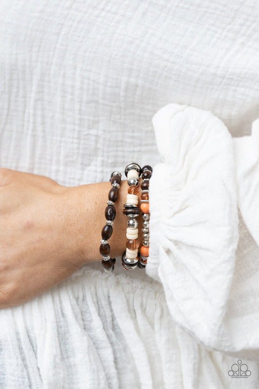 Belongs In The Wild - Multi Brown Wooden Beads, Silver Accents, Orange Stones Paparazzi Stretch Bracelets